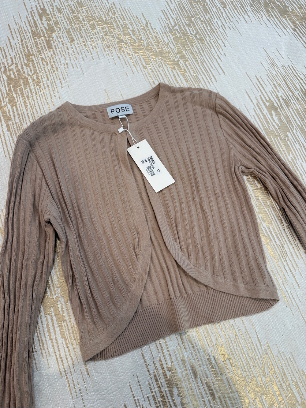 POSE Ribbed Tan Open-Front Cardigan
